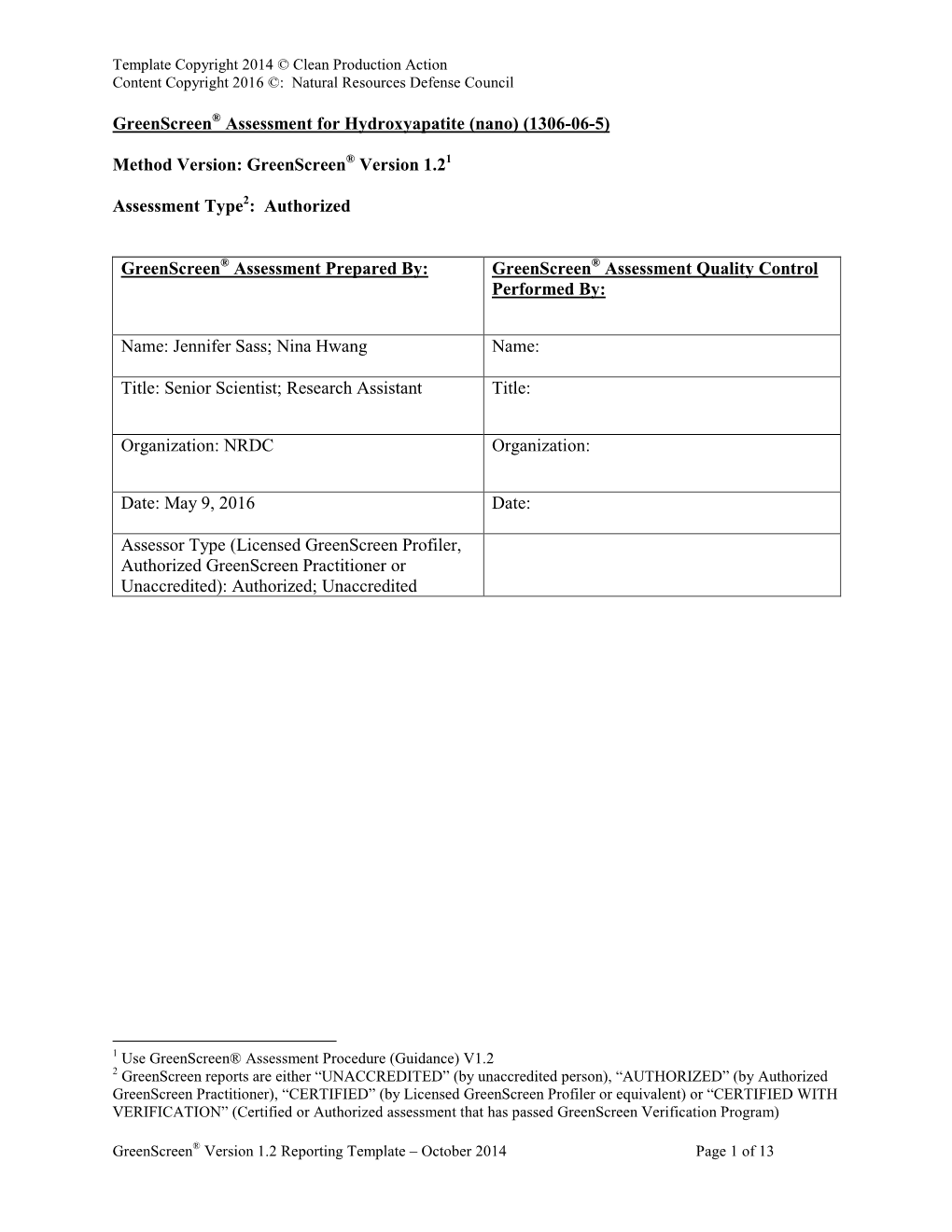 NRDC: Greenscreen® Assessment for Hydroxyapatite (Nano) (1306-06-5)