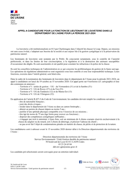 Appel a Candidature Pour La Fonction De Lieutenant De Louveterie Dans Le Département De L’Aisne Pour La Période 2021-2024