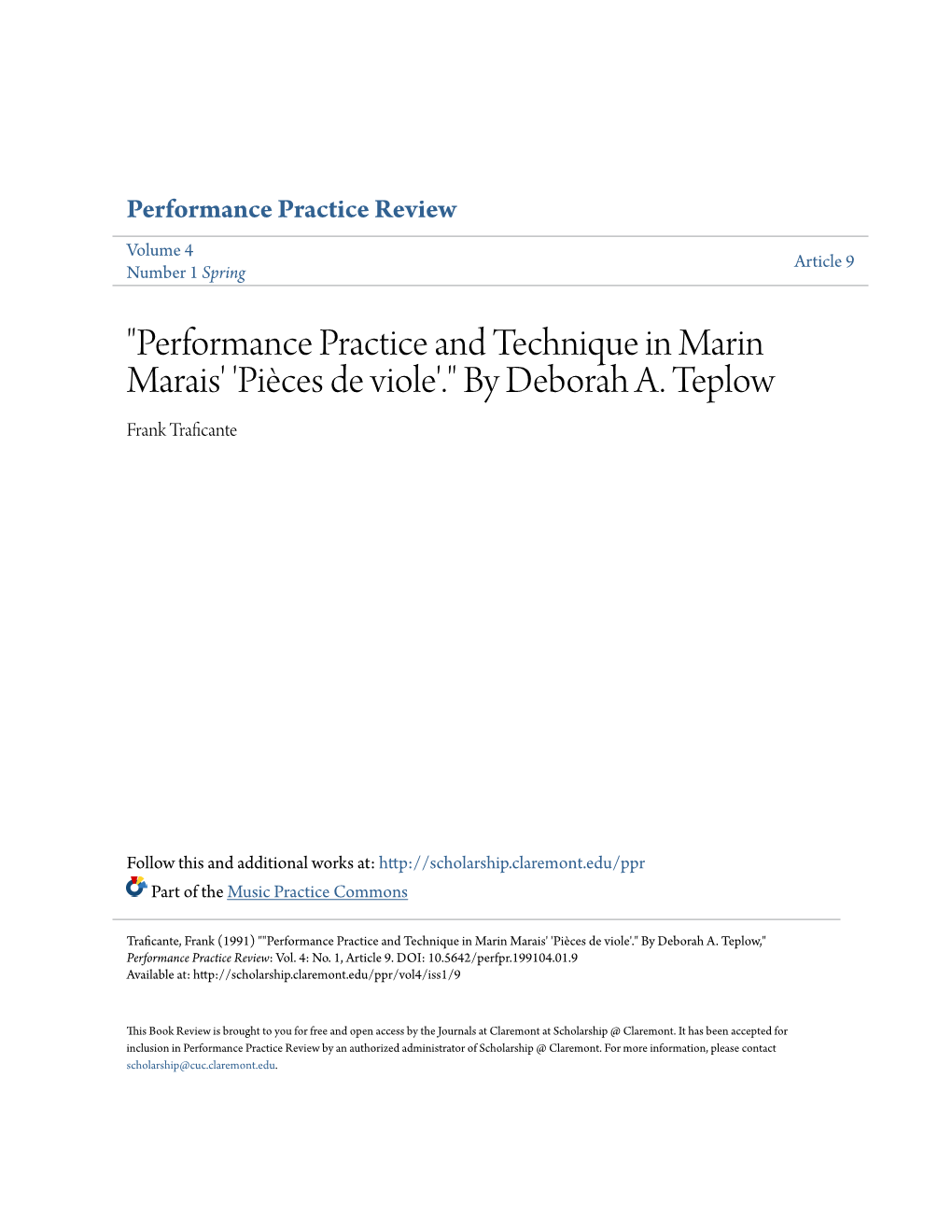 "Performance Practice and Technique in Marin Marais' 'Piã¨Ces De Viole