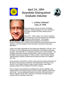 April 24, 1994 Wyandotte Distinguished Graduate Inductee