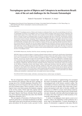 Necrophagous Species of Diptera and Coleoptera in Northeastern Brazil: State of the Art and Challenges for the Forensic Entomologist