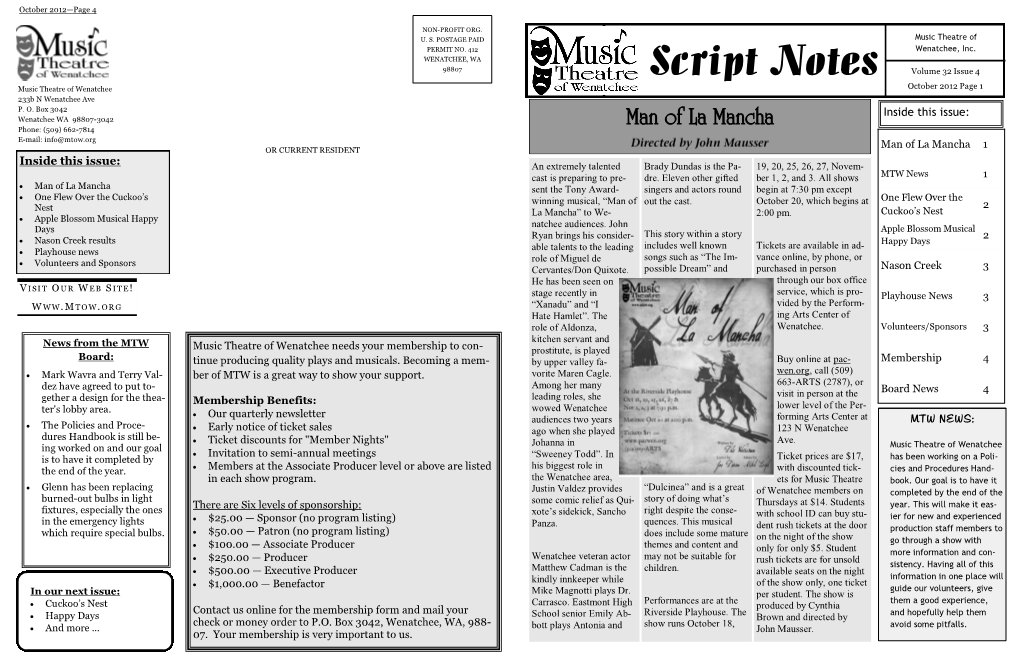 Script Notes Volume 32 Issue 4 Music Theatre of Wenatchee October 2012 Page 1 233B N Wenatchee Ave P