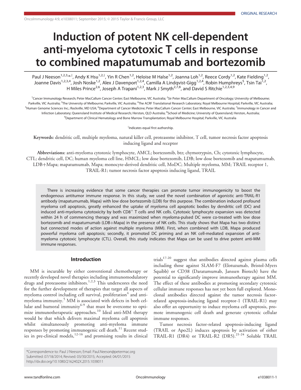 Induction of Potent NK Cell-Dependent Anti-Myeloma Cytotoxic T Cells in Response to Combined Mapatumumab and Bortezomib