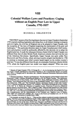 Coping Without an English Poor Law in Upper Canada, 1792-1837