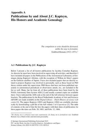 Publications by and About J.C. Kapteyn, His Honors and Academic Genealogy