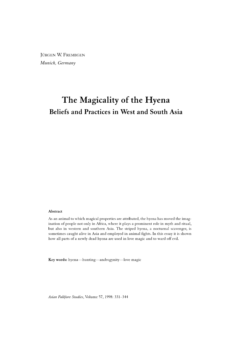 The Magicality of the Hyena Beliefs and Practices in West and South Asia