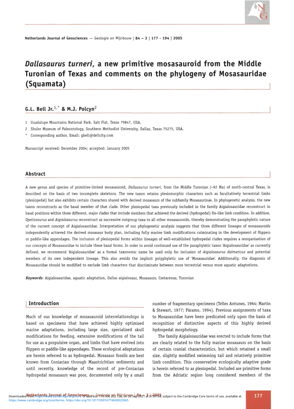 Dallasaurus Turneri, a New Primitive Mosasauroid from the Middle Turonian of Texas and Comments on the Phytogeny of Mosasauridae (Squamata)