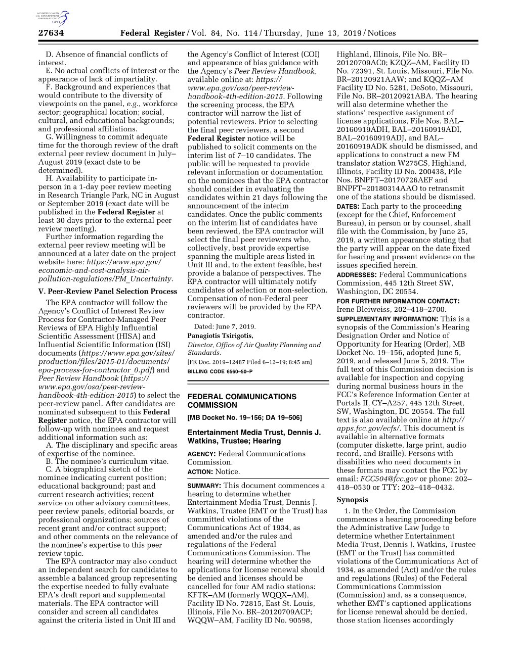 Federal Register/Vol. 84, No. 114/Thursday, June 13, 2019/Notices