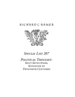 Special List 207 Political Thought: Sixty-Seven Items, Sixteenth to Twentieth Centuries 2 Richardrichard C