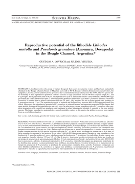 Reproductive Potential of the Lithodids Lithodes Santolla and Paralomis Granulosa (Anomura, Decapoda) in the Beagle Channel, Argentina*
