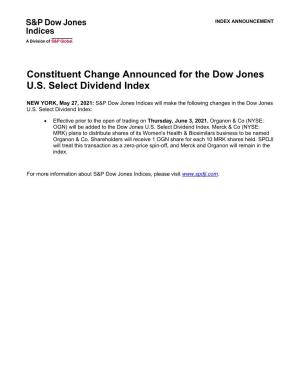 Constituent Change Announced for the Dow Jones U.S