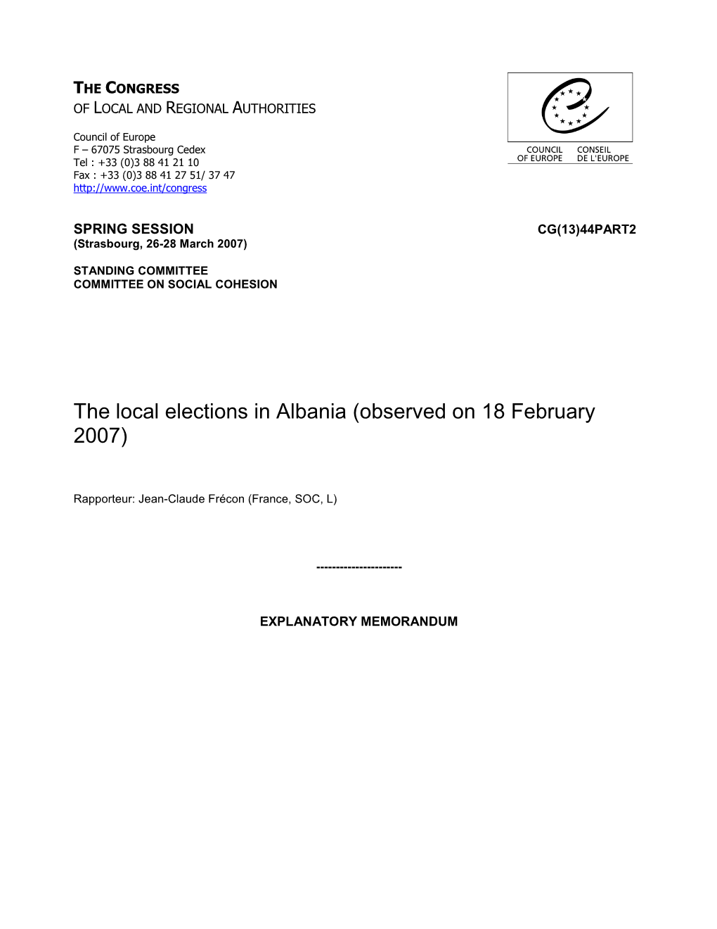 Albania: Explanatory Memorandum, Local Elections, 18 February, CLRAE