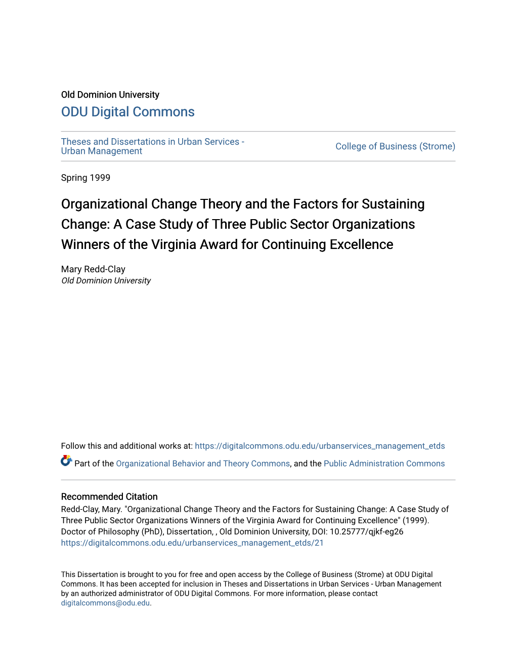 A Case Study of Three Public Sector Organizations Winners of the Virginia Award for Continuing Excellence