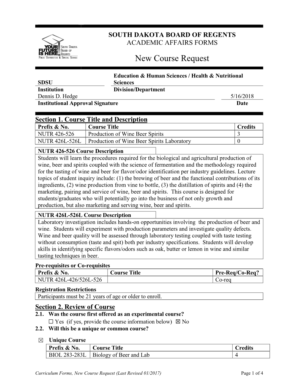 NUTR 426-426L 526-526L Production of Wine Beer Spirits (NCR)