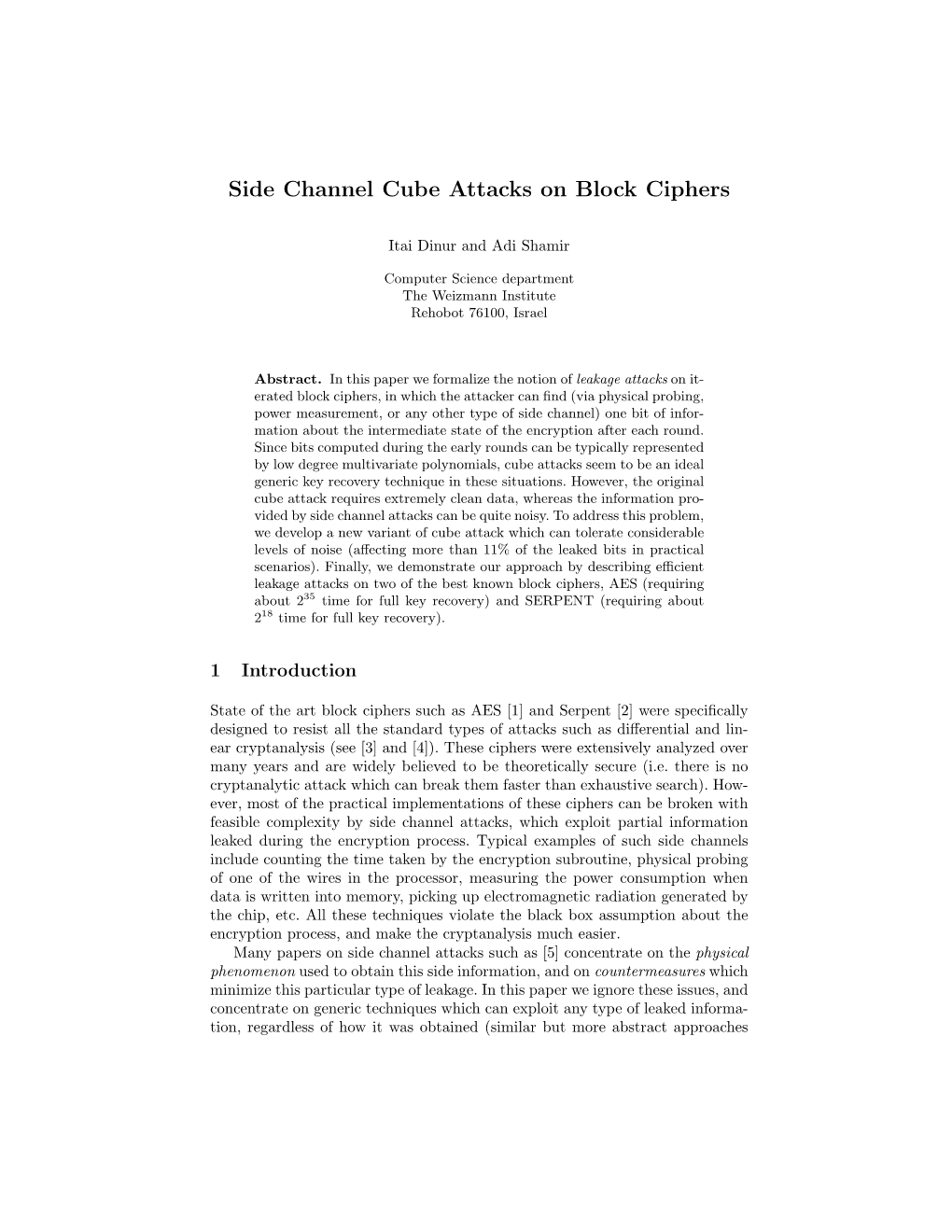 Side Channel Cube Attacks on Block Ciphers