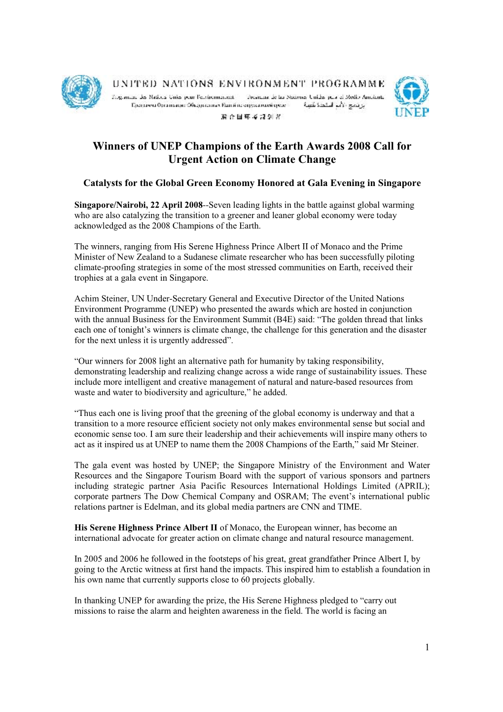 Winners of UNEP Champions of the Earth Awards 2008 Call for Urgent