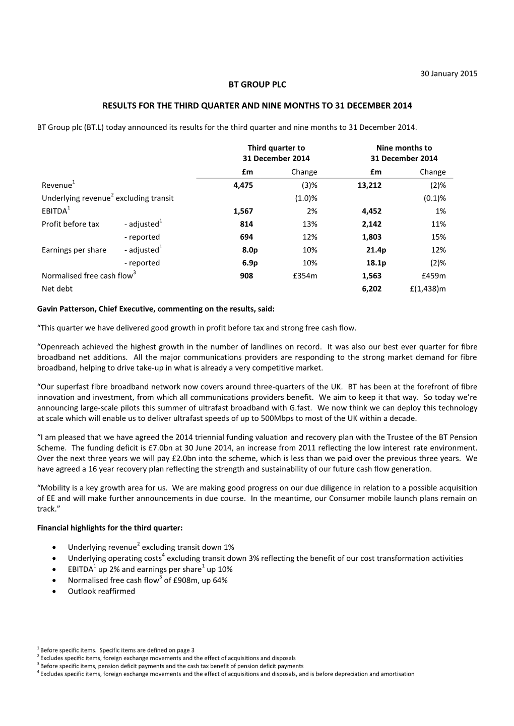 Bt Group Plc Results for the Third Quarter and Nine