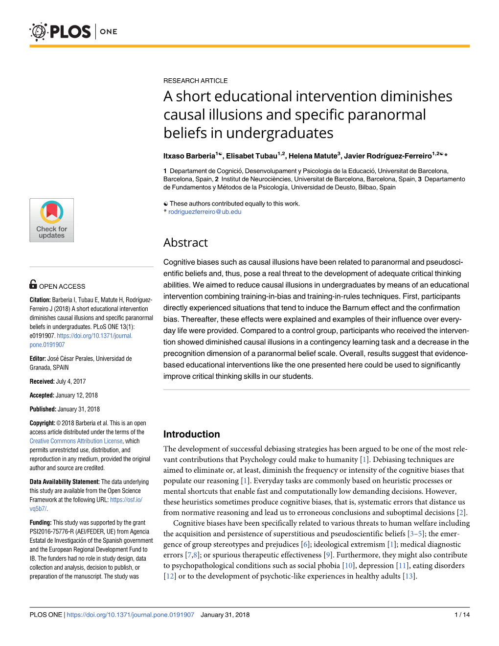 A Short Educational Intervention Diminishes Causal Illusions and Specific Paranormal Beliefs in Undergraduates