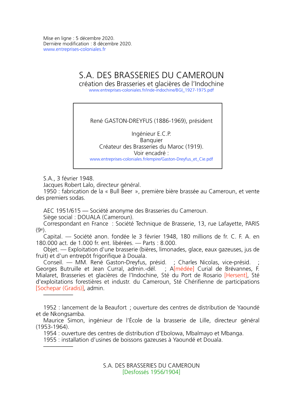 BRASSERIES DU CAMEROUN Création Des Brasseries Et Glacières De L’Indochine