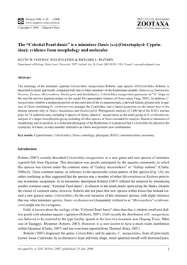 Celestial Pearl Danio” Is a Miniature Danio (S.S) (Ostariophysi: Cyprin- Idae): Evidence from Morphology and Molecules