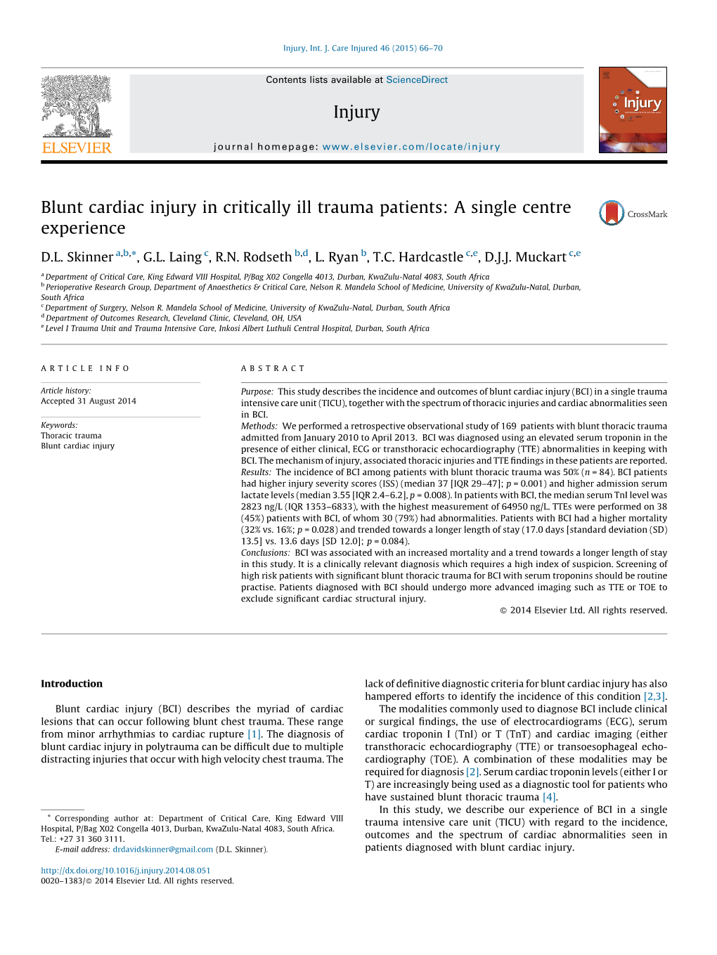 Blunt Cardiac Injury in Critically Ill Trauma Patients: a Single Centre Experience