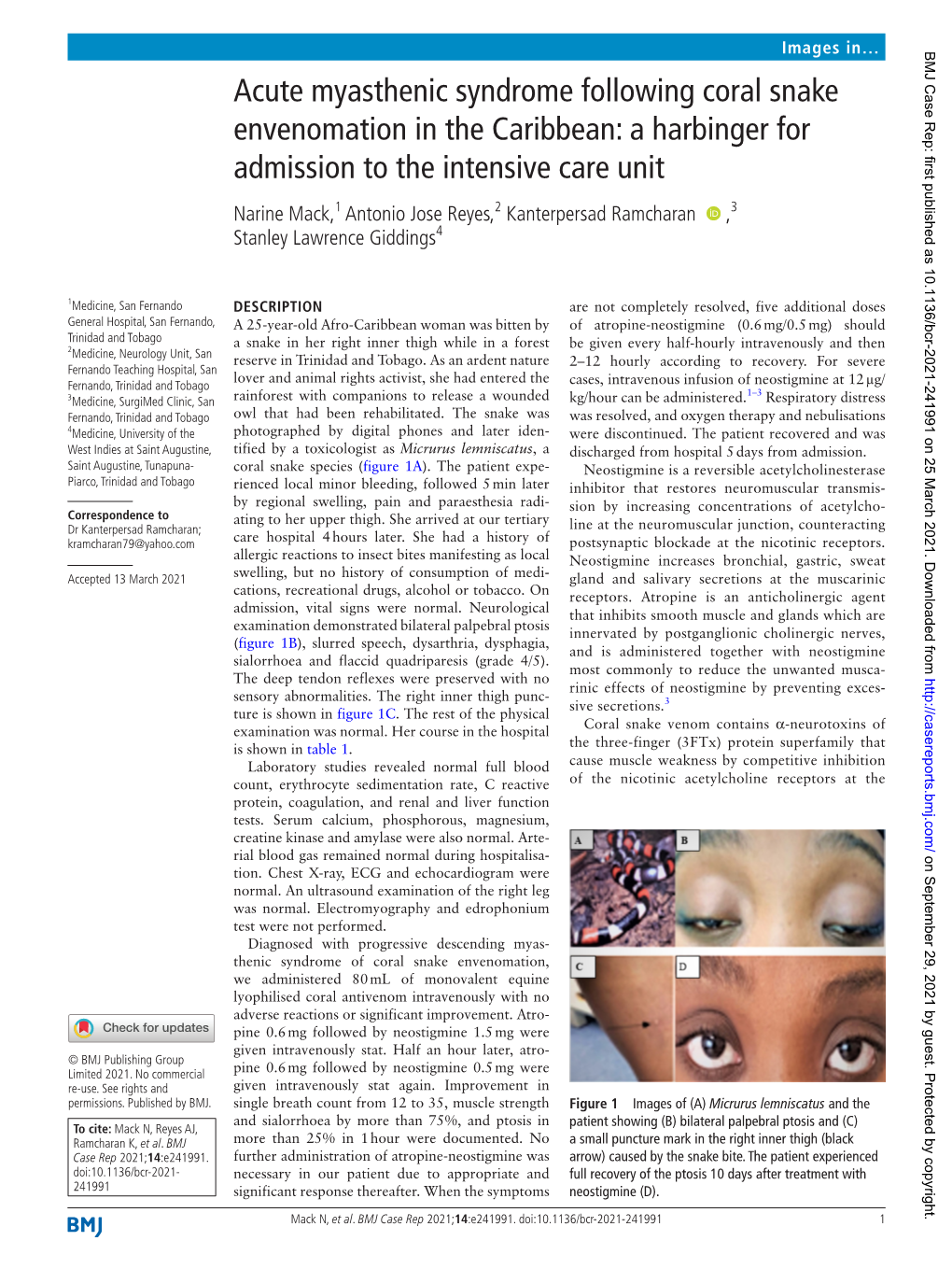 Acute Myasthenic Syndrome Following Coral Snake