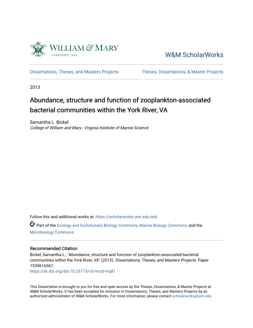 Abundance, Structure and Function of Zooplankton-Associated Bacterial Communities Within the York River, VA