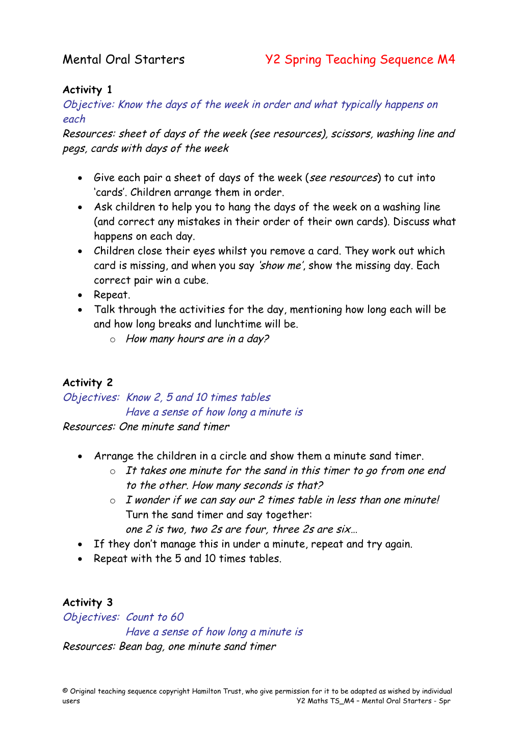 Mental Oral Starters Y2 Spring Teaching Sequence M4