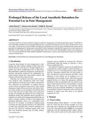 Prolonged Release of the Local Anesthetic Butamben for Potential Use in Pain Management