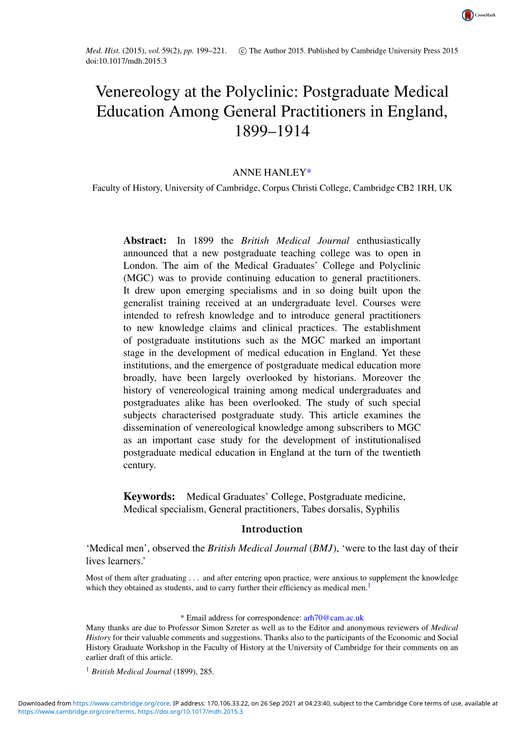 Venereology at the Polyclinic: Postgraduate Medical Education Among General Practitioners in England, 1899–1914