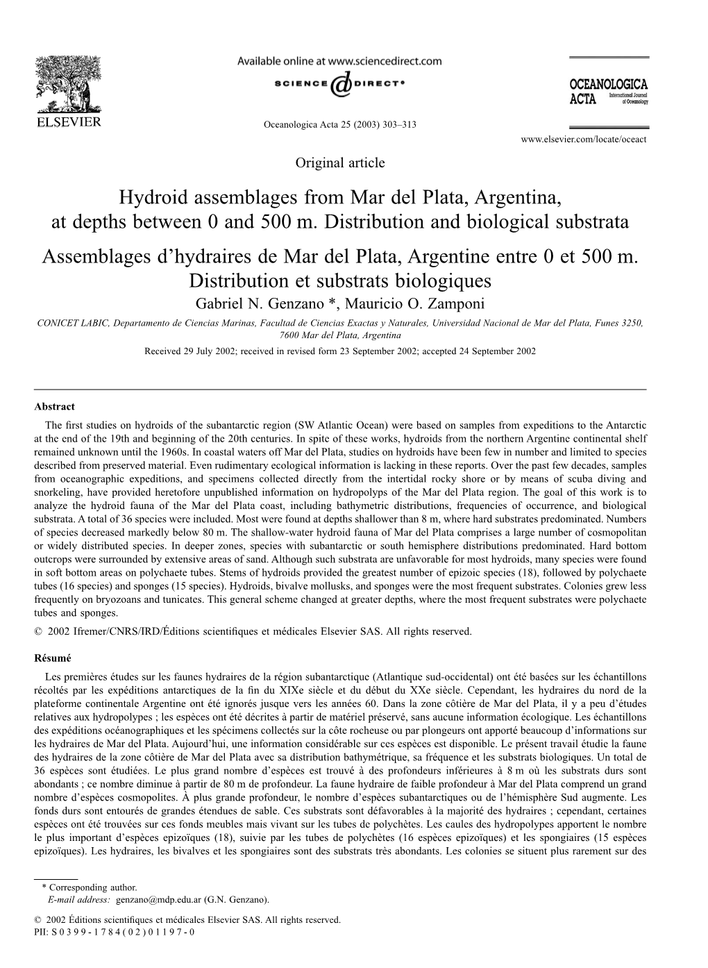 Hydroid Assemblages from Mar Del Plata, Argentina, at Depths Between 0 and 500 M