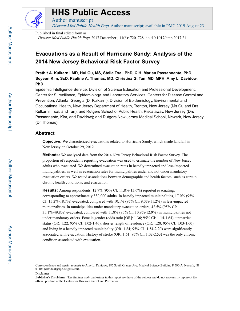 Evacuations As a Result of Hurricane Sandy: Analysis of the 2014 New Jersey Behavioral Risk Factor Survey