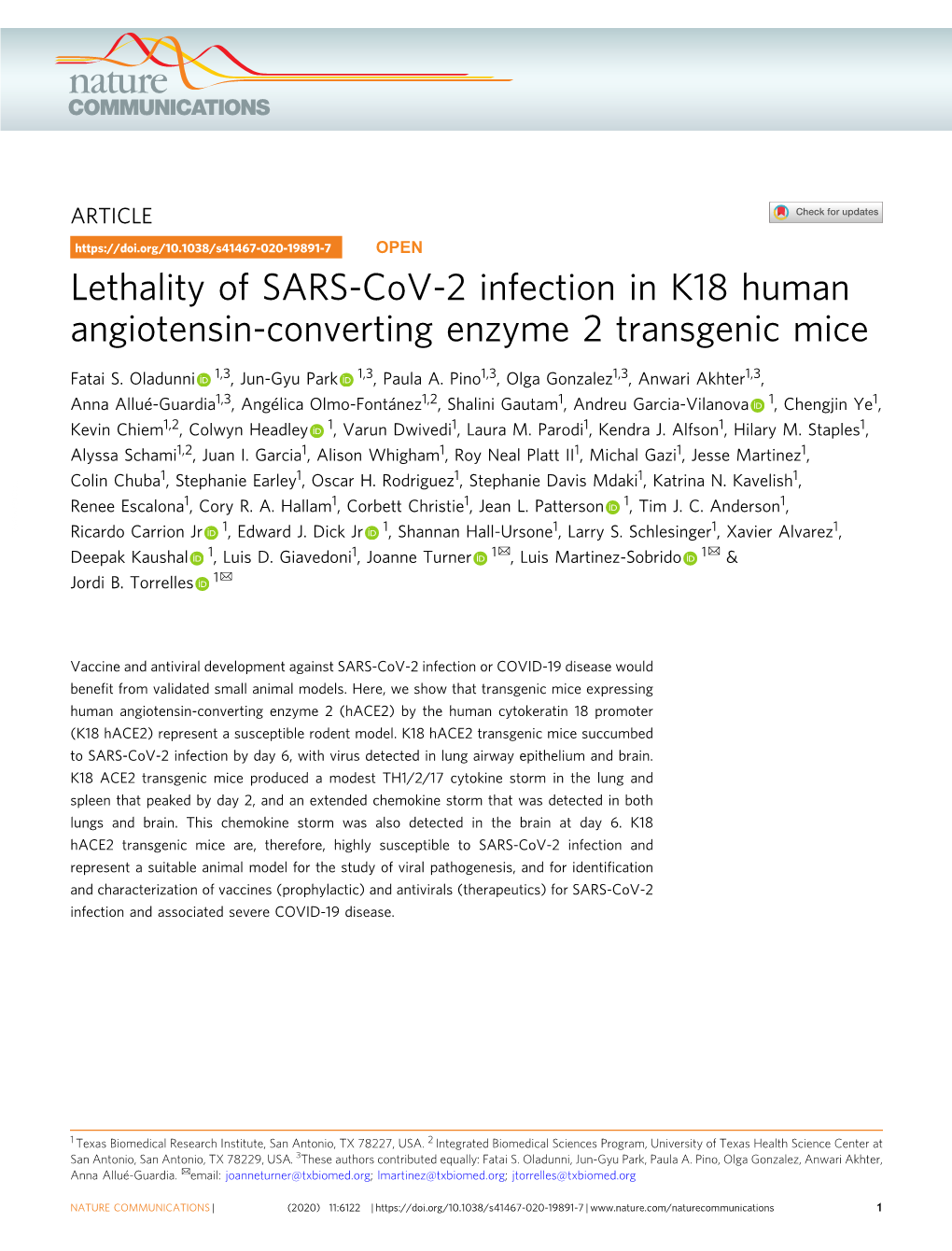 Lethality of SARS-Cov-2 Infection in K18 Human Angiotensin-Converting Enzyme 2 Transgenic Mice