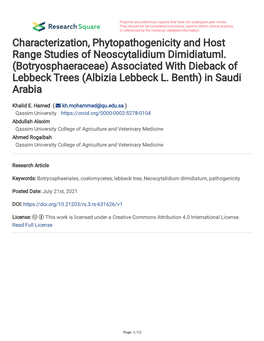 Characterization, Phytopathogenicity and Host Range Studies of Neoscytalidium Dimidiatuml