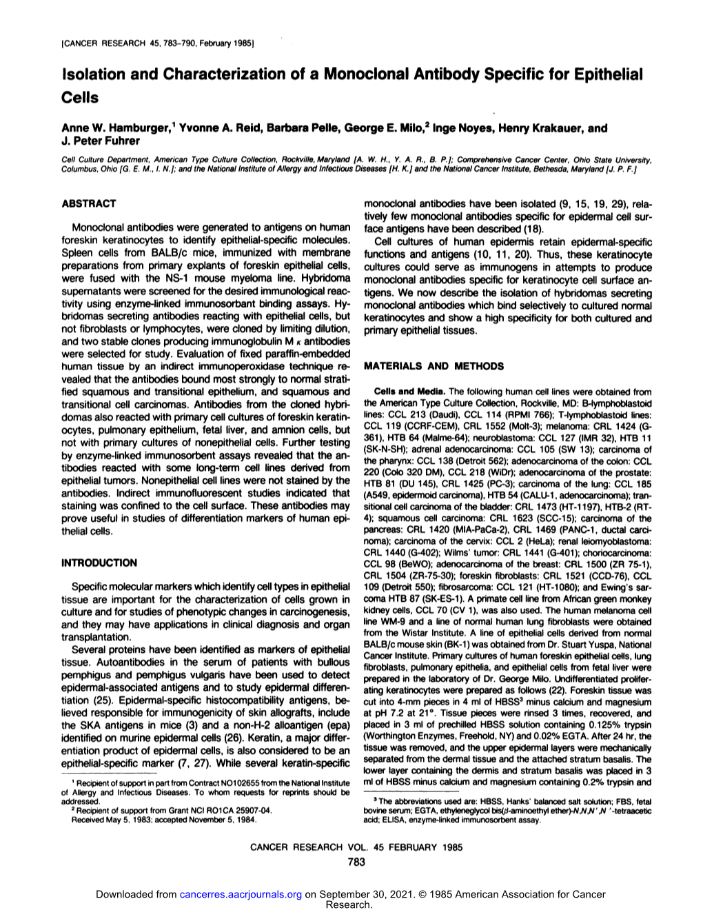 Isolation and Characterization of a Monoclonal Antibody Specific for Epithelial Cells