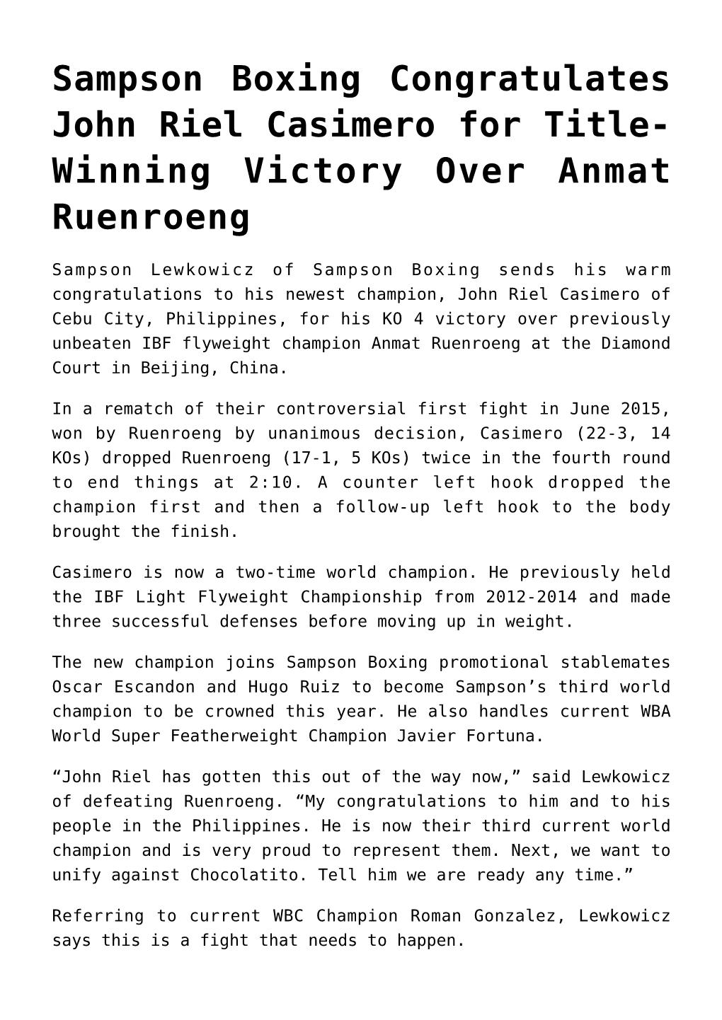 Sampson Boxing Congratulates John Riel Casimero for Title- Winning Victory Over Anmat Ruenroeng