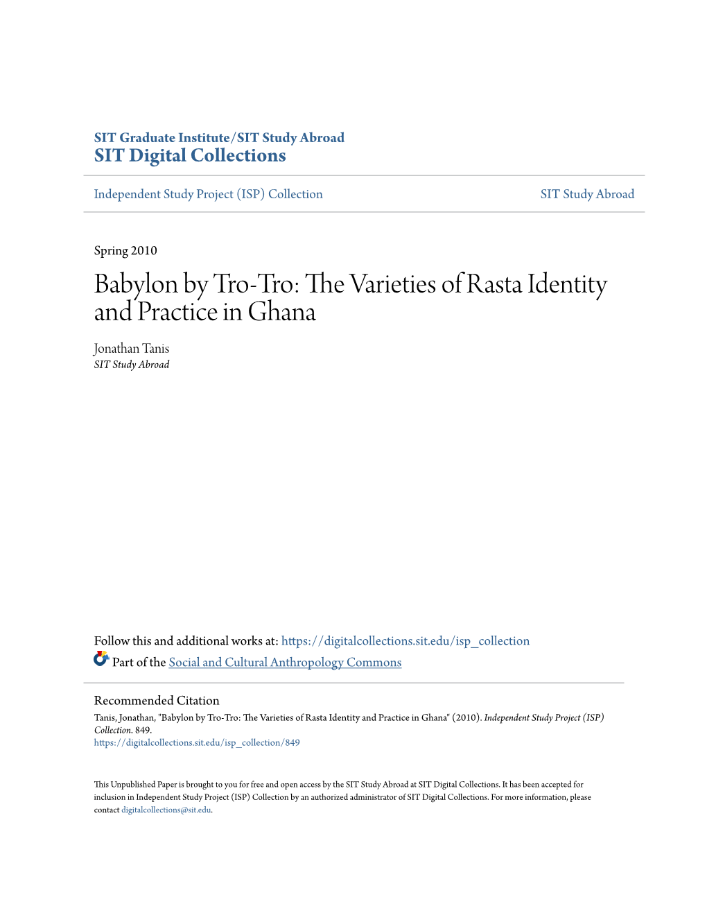 Babylon by Tro-Tro: the Varieties of Rasta Identity and Practice in Ghana