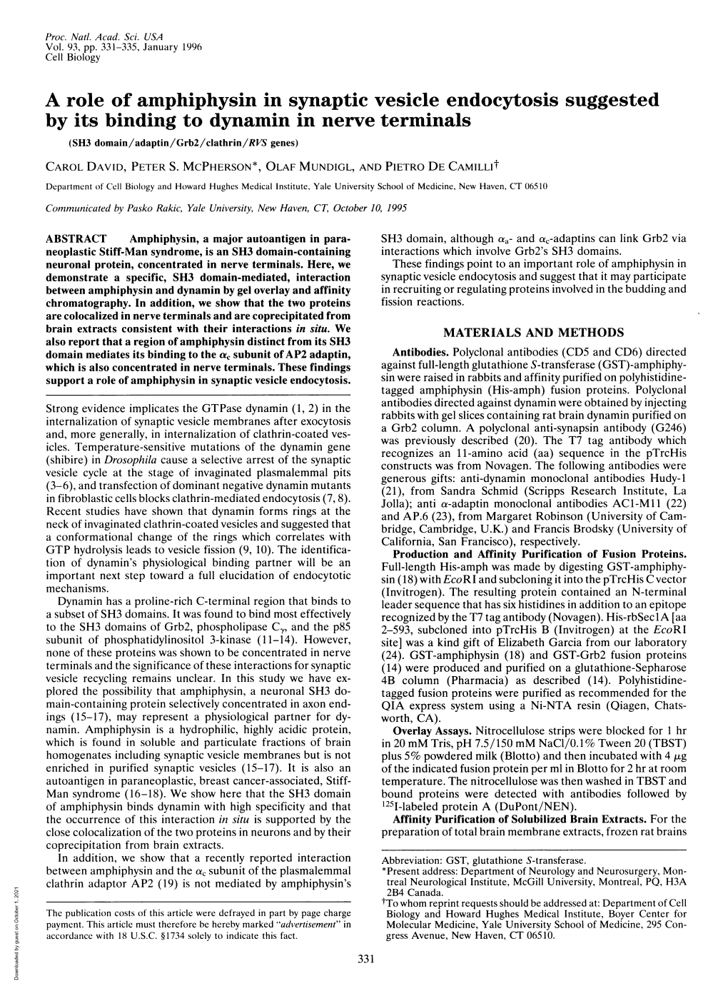 A Role of Amphiphysin in Synaptic Vesicle Endocytosis Suggested By