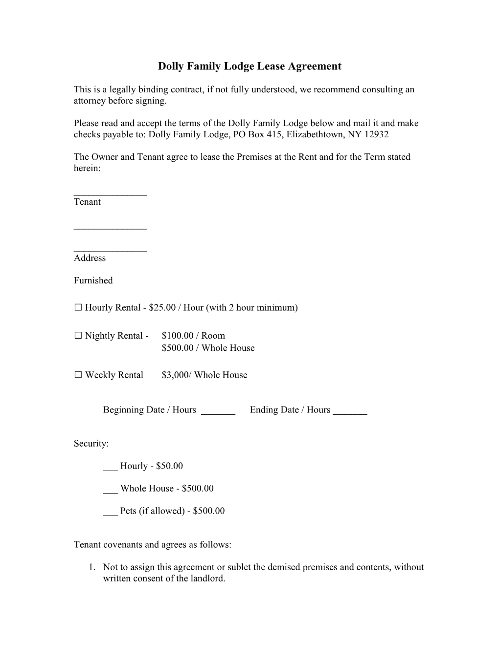 Dolly Family Lodge Lease Agreement