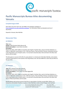 Pacific Manuscripts Bureau Titles Documenting Vanuatu