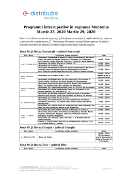 Programul Întreruperilor În Regiunea Muntenia Martie 23, 2020 Martie 29, 2020