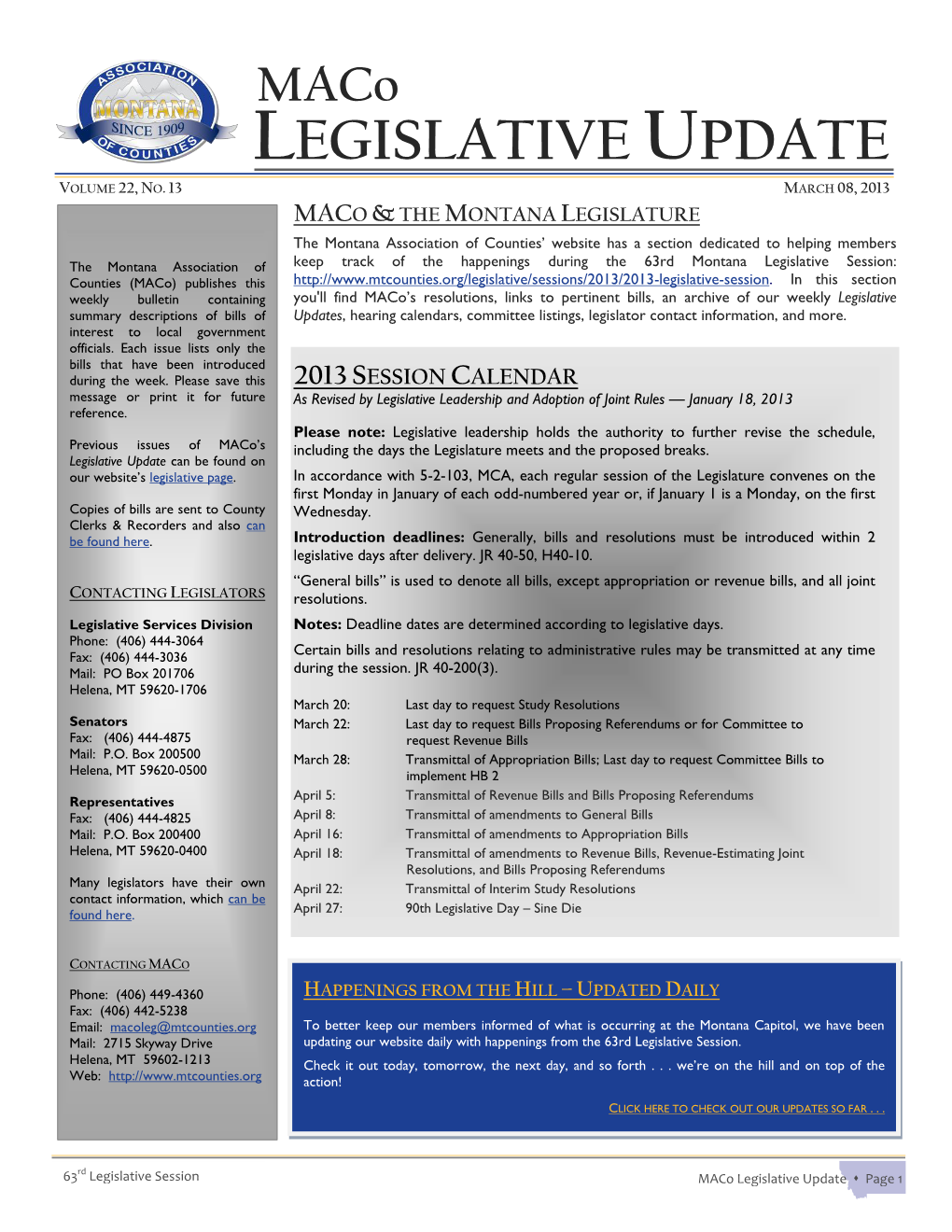 Maco LEGISLATIVE UPDATE VOLUME 22, NO