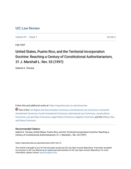 United States, Puerto Rico, and the Territorial Incorporation Doctrine: Reaching a Century of Constitutional Authoritarianism, 31 J
