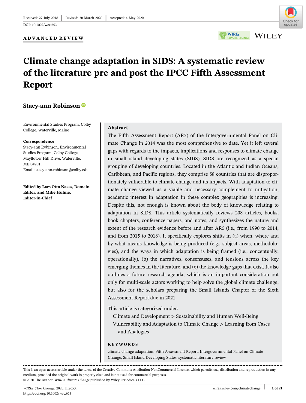 Climate Change Adaptation in SIDS: a Systematic Review of the Literature Pre and Post the IPCC Fifth Assessment Report