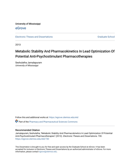 Metabolic Stability and Pharmacokinetics in Lead Optimization of Potential Anti-Psychostimulant Pharmacotherapies