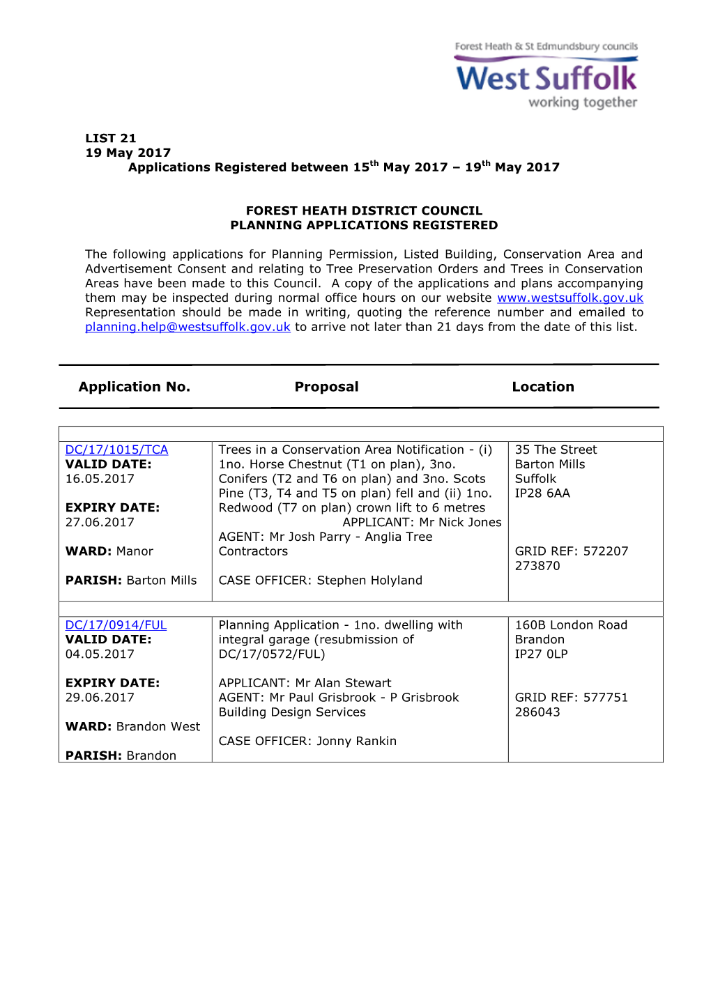 FHDC Planning Applications 21/17