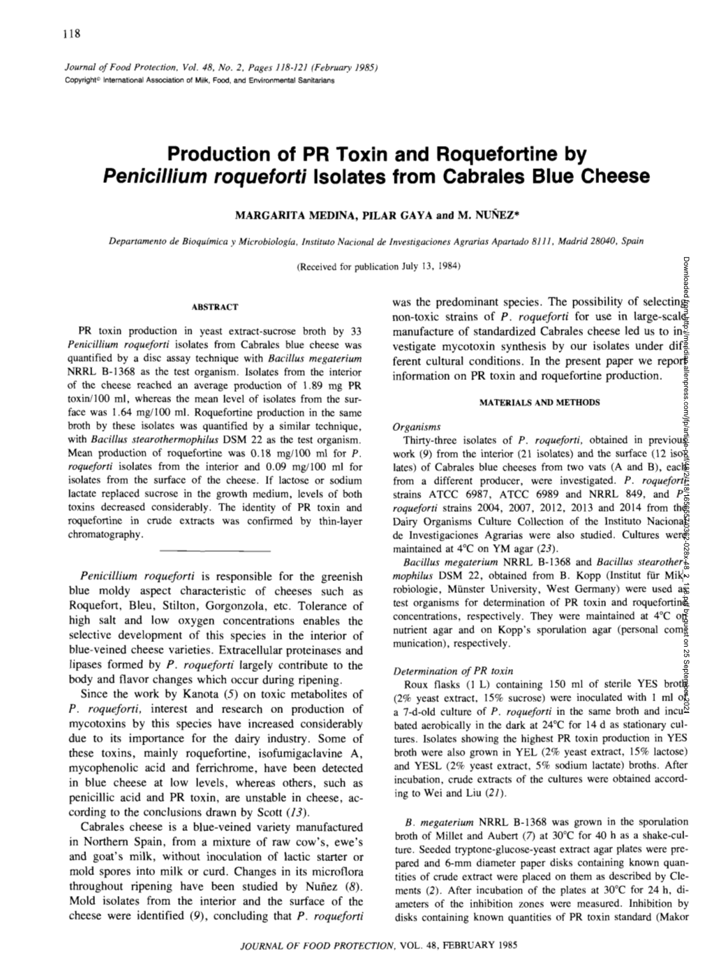 Production of PR Toxin and Roquefortine by Penicillium Roqueforti Isolates from Cabrales Blue Cheese