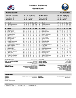 Colorado Avalanche Game Notes