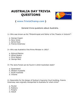 Australia Day Trivia Questions