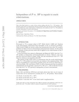 Independence of P Vs. NP in Regards to Oracle Relativizations. · 3 Then